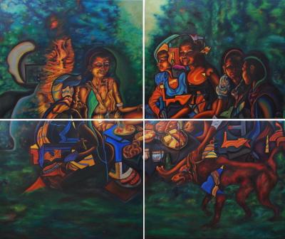 Die Nachtwache, 2018, Öl auf Leinwand, vierteilig, 100 x 120 cm