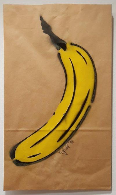 Thomas Baumgärtel, Spraybanane auf Papiertüte, 1998, Acryl auf Papier, 37,5 x 20,5 cm