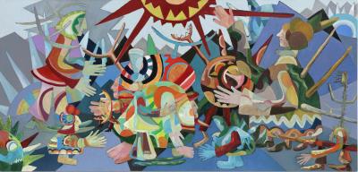 Family Reunion under Rotating Suns!  2021, 120 x 250 cm, Acryl auf Leinwand