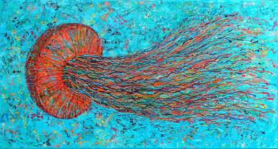 Medusa fluttuante, 2025, Acryl, Porzellanfarben auf Leinwand, 70 x 130 cm