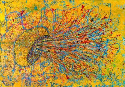 Medusa solare, 2025, Acryl, Porzellanfarben auf Leinwand, 70x100 cm