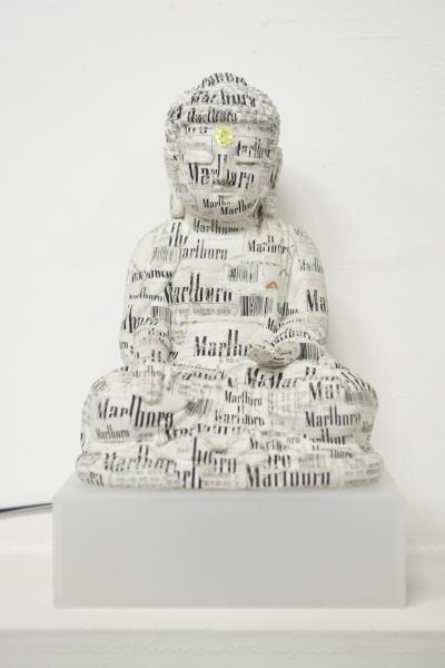 buddha_03, telephone book, thrown away things, led, mixed media, 18.5 x 15.5 x 29 cm
