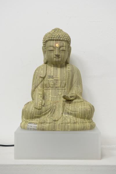 buddha_04, telephone book, thrown away things, led, mixed media, 18.5 x 15.5 x 29 cm