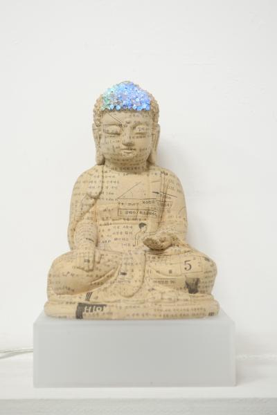 buddha_05, telephone book, thrown away things, led, mixed media, 18.5 x 15.5 x 29 cm