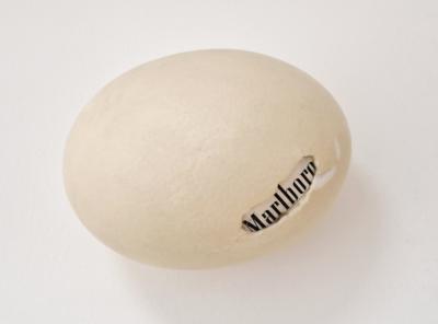 Ostrich egg, Marlboro, 2025, Straußeneierschale, gefundene Verpackung, Mischtechnik