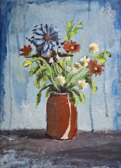 Blumen in Dose, 2025, Öl auf Leinwand, 41 x 29 cm
