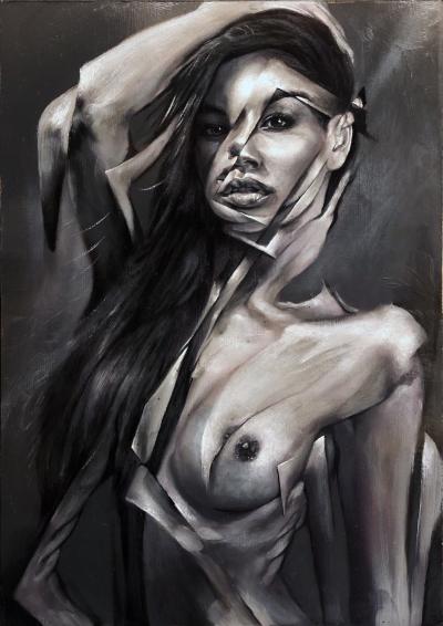 Portia, 2025, Öl auf Papier auf Holz 29,7 x 42 cm