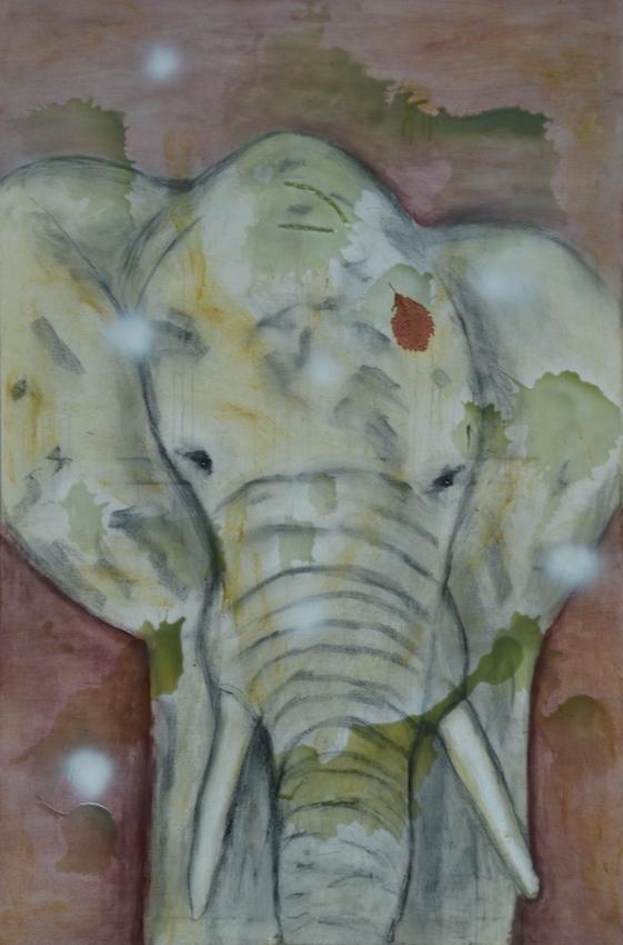 Elephant mit Irrlichtern,  2016, Eitempera,Blatt und Enkaustik auf Leinwand, 150 x 100 cm