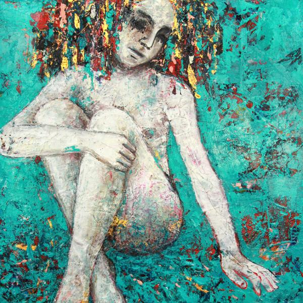 Melancholisches Mädchen, 2023, Acryl, Öl, Ölpastell auf Leinwand, 50 x 50 cm