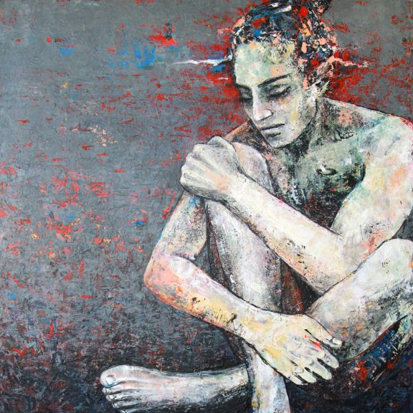 Reflexionen (2), 2023, Acryl, Ölpastell ,Öl auf Leinwand, 100 x 100 cm