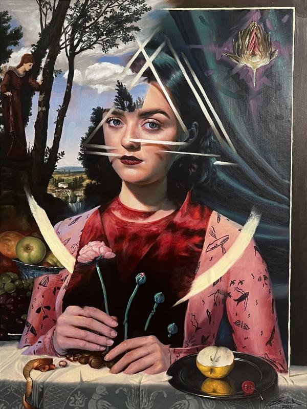 Sven Ballentin, Trismegistus Blick, 2024, Öl auf Leinwand auf Holz, 80 x 60 cm 