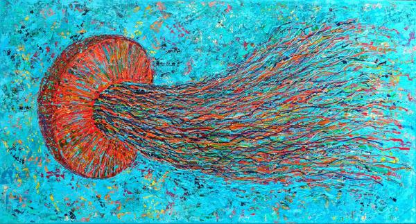 Medusa fluttuante, 2025, Acryl, Porzellanfarben auf Leinwand, 70 x 130 cm