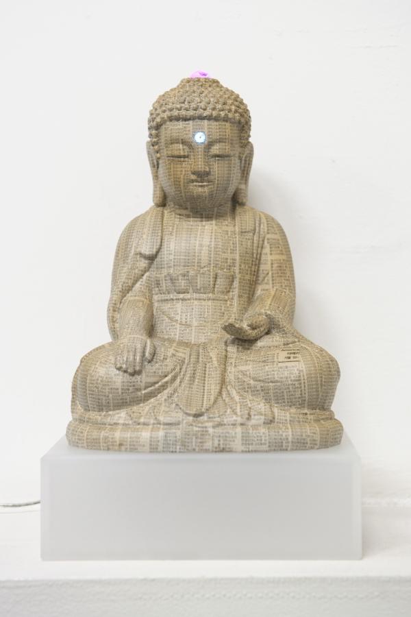 buddha_01, telephone book,thrown away  things,led & mixed media,18.5 x 15.5 x 29cm