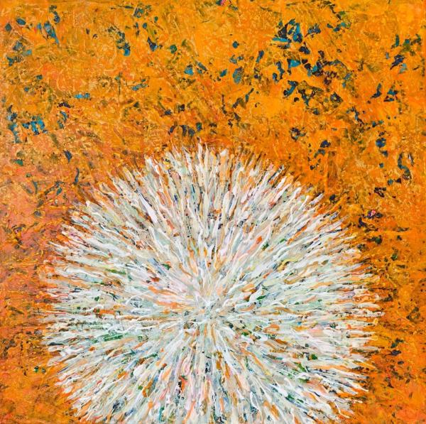 Pusteblume, 2025, Acryl auf Ölpastell auf Leinwand, 40 x 40cm