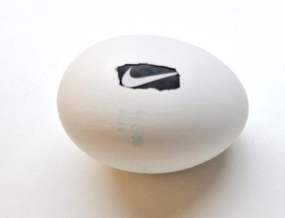 New Proteins (Strange but all Ours), Nike, 2025, Eierschale, gefundene Verpackung, Mischtechnik