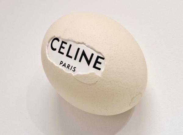 Ostrich egg, Celine, 2025, Straußeneiserchale, gefundene Verpackung, Mischtechnik