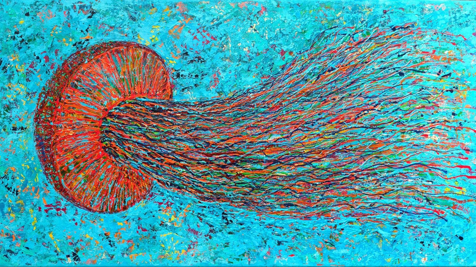 Medusa fluttuante, 2025, Acryl, Porzellanfarben auf Leinwand, 70 x 130 cm